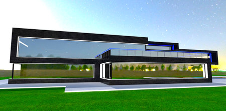 Bright moon light behind the modern suburban property with reflective glass facade at starry night. 3d rendering.の写真素材