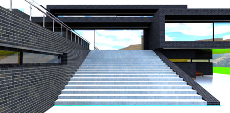 Concrete staircase up to the glass sliding door on the terrace of the newly built country mansion finished with black brick. 3d rendering.の写真素材