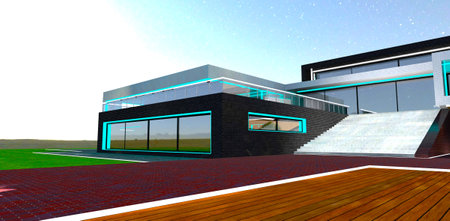 Bright moon rising above the territory of the unique property constructed according to innovative design. 3d rendering.の写真素材