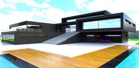 Decked area near the swimming pool in front of the contemporary house with black brick tile exterior. 3d rendering.の写真素材