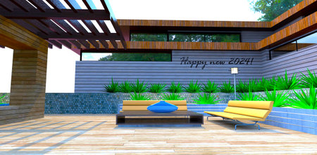 Cozy patio with comfortable beige sofa and a table on the decked floor near the house finished with facade board. 3d rendering.の写真素材