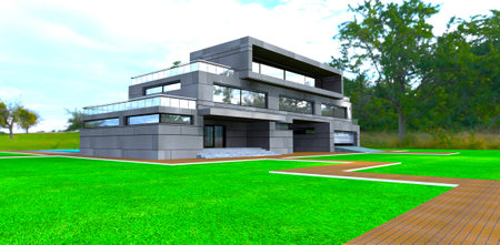 Brown brick tile walkway on the green lawn in the yard of the modern property finished with stone panels. 3d rendering.の写真素材