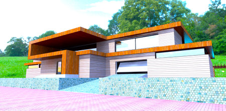 Driveway to the garage of the advanced country property with facade board as a wall finishing. Dense green forest on the background. 3d rendering.の写真素材