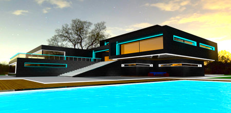Elegant night illumination of the black facade, pool and territory of the contemporary estate. 3d rendering.の写真素材
