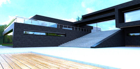 Design of the trendy facade. Suburban estate with black tile exterior. White brick paved area and concrete staircase. 3d rendering.の写真素材