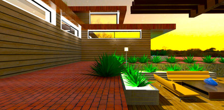 House finished with eco-friendly facade board. Night view. Cozy patio. 3d rendering.の写真素材
