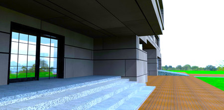 Granite long steps of the contemporary property look good with brown brick tile. Stone plates facade finishing. 3d rendering.の写真素材