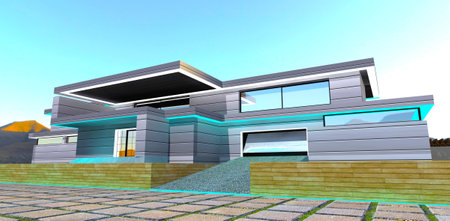 Exit from the garage of the suburban property finished with aluminum horizontal panels. 3d rendering.の写真素材