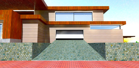 Driveway paved with natural granite. Night view of the contemporary house garage. Facade board finishing. 3d rendering.の写真素材