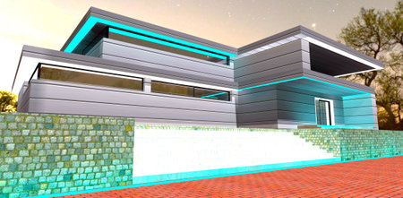 Glowing concrete steps up to the porch of the elite modern property illuminated at night. 3d rendering.の写真素材