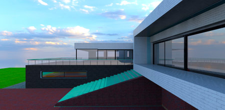 facade of the advanced private property finished with combination of white, black, and red bricks tile. 3d rendering.の写真素材