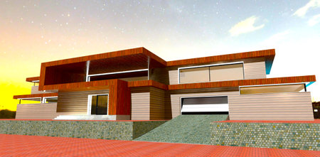 Eco-friendly facade board as a finishing material of the stylish modern country house. night view. 3d rendering.の写真素材