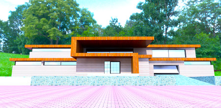 Red brick tile paved area in front of the entrance to the newly built country mansion finished with facade board. 3d rendering.の写真素材