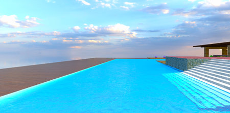 Large swimming pool on the rooftop of the skyscraper. Concrete stairs down to the water. 3d rendering.の写真素材