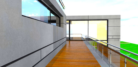Part of decked terrace with glass balustrade with steel railings. Stone plates as wall finishing. 3d rendering.の写真素材