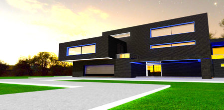 Paved walkway with white glowing curbs to the entrance of the contemporary suburban property at night. 3d rendering.の写真素材
