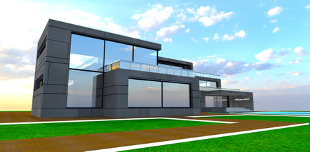 Large stained glass windows and fenced terraces of the modern property. Excellent offer for the real estate on credit. 3d rendering.の写真素材