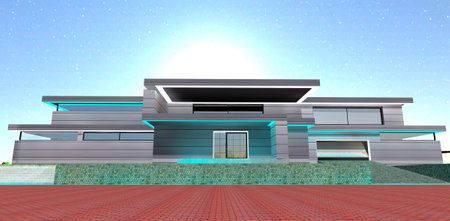 Rising moon above the stylish private property. Red tile pavement in front of the porch and driveway. 3d rendering.の写真素材