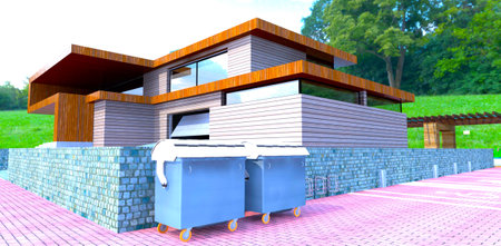 Metal garbage containers on the back yard paved with red tile. The house finished with facade board. 3d rendering.の写真素材