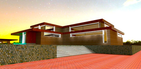 Night view of the suburban property with walls finished with facade board. Looks nice with LED illumination. 3d rendering.の写真素材