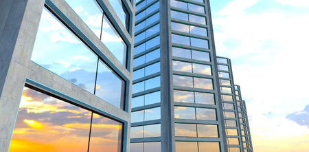 Several apartment buildings in a row. Concrete facade with large panoramic windows. 3d rendering.の写真素材