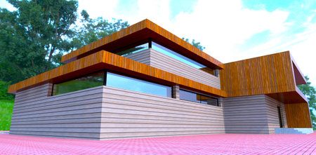 Walls finished with facade board. Trend design decision among young suburban estate constructors. 3d rendering.の写真素材