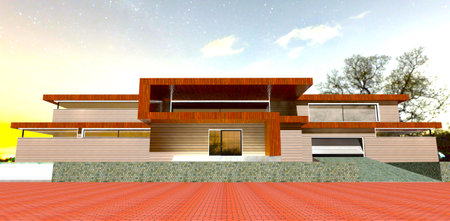 Spacious paved area in front of the illuminated property at night. View of the porch and garage. 3d rendering.の写真素材