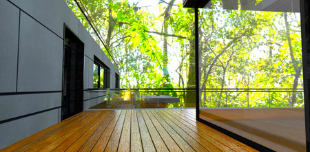 Shady terrace of the cozy country cottage. Much green plants around. Decked floor, 3d rendering.の写真素材