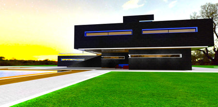 Side view of the black facade of the recently built country property with glowing pool on the territory against the sunset. 3d rendering.の写真素材