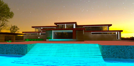 Wide turquoise illuminated stairs from the paved area down to the pool with transparent clean water on the territory of the wooden facade house at night. 3d rendering.の写真素材