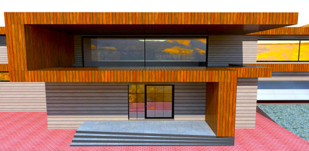 Wooden finishing of the contemporary suburban property. View of the balcony above the porch. 3d rendering.の写真素材