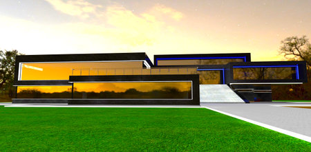 Trend design of the stylish suburban villa. Night view. Beautiful predawn sky reflected in large windows. 3d rendering.の写真素材