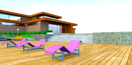 Three purple sun loungers in a row on the decked relax area in the yard of the modern mansion with wooden finishing. 3d rendering.の写真素材