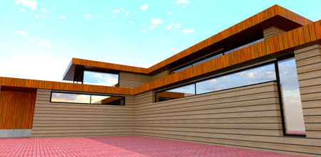 Trendy facade board looks good with reflective long windows. Good design decision for suburban housing construction. 3d rendering.の写真素材