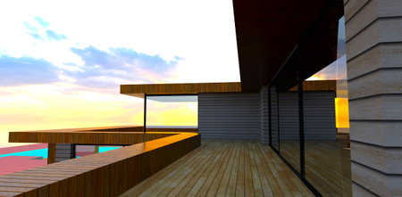 Wooden facade in combination with reflective glass windows. Terrace of the contemporary property with decked floor. 3d rendering.の写真素材