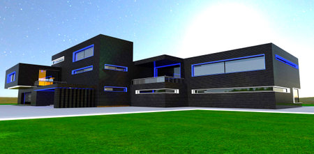White big moon above the suburban family townhouse finished with black tile. 3d rendering.の写真素材