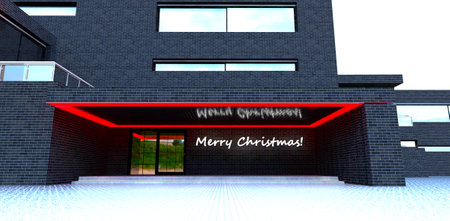White glowing text Merry Christmas on the porch wall finished with black brick tile. 3d rendering.の写真素材