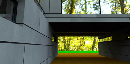 Through passage to the tropical forest from the courtyard of the advanced suburban house with stone panel walls. 3d rendering.の写真素材