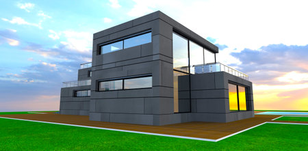 Trend stone panel as finishing material of the modern suburban housing construction. Cozy cottage with evening sky on the background. 3d rendering.の写真素材
