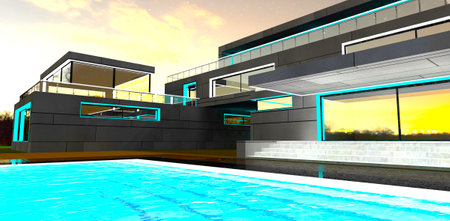 Waves on the pool water surface near the porch of the contemporary property at night. 3d rendering.の写真素材