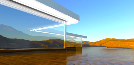 Concept of the rooftop terrace of the elite private mansion. Decked floor and panoramic glass facade reflecting mountains landscape. 3d rendering.の写真素材