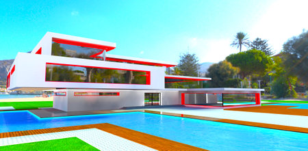 Elite contemporary villa with large swimming pool located on the tropical island on the ocean beach. 3d rendering.の写真素材