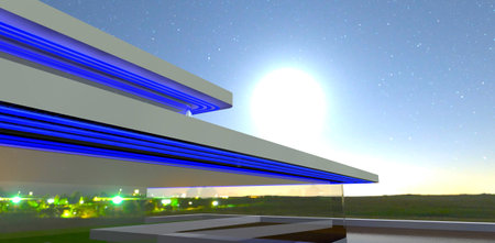 Blue LED glowing night decor of the modern property. bright moon above. Reflection of the distant village lights in the window. 3d rendering.の写真素材