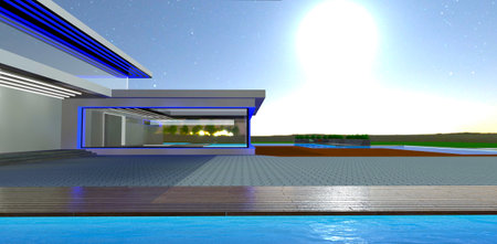 Bright moon light behind the stylish private property with blue LED glowing exterior elements. 3d rendering.の写真素材