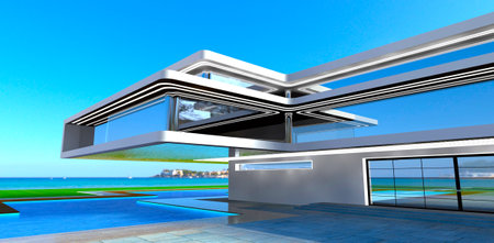 Console floor of the contemporary house designed to be advanced italian engineers. View against the adriatic sea. 3d rendering.の写真素材