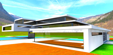 Fantastic mountains view of the suburban real estate constructed according to innovative design. 3d rendering.の写真素材