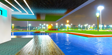 Beautiful night lights in front of the suburban private villa with large pool and glowing exterior elements. 3d rendering.の写真素材