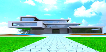Dense clouds above the elite design suburban mansion. Concrete tile paved pathway to the entrance. 3d rendering.の写真素材