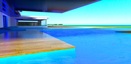 Deep swimming pool with bright blue water with deck area under the cover on the territory of the elite hotel on the ocean shore. 3d rendering.の写真素材
