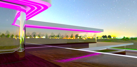 Conceptual design of the rooftop terrace with eco wooden floor and reflective glass facade at night. 3d rendering.の写真素材